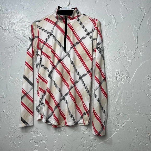 Sansoleil Solcool Plaid Print 1/2 Zip Mesh Top Size M - Picture 1 of 9